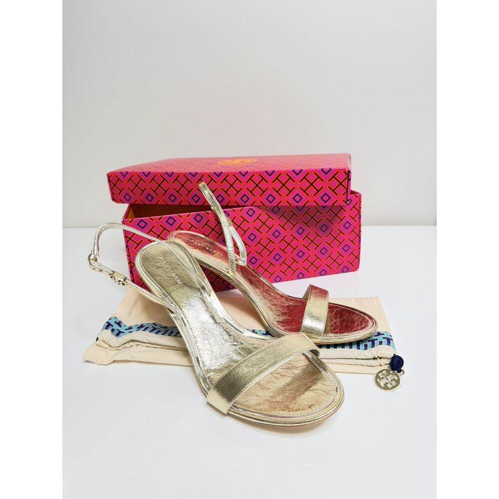 Tory Burch Double T Buckle Heeled Sandal Spark Gold Size 9 Metallic Strappy Heel